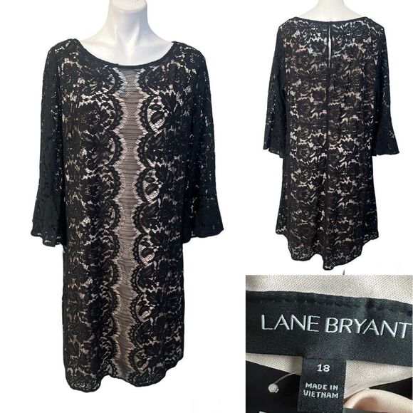 Lane Bryant dress plus size 18 black lace nude lining bell sleeve sheath -10 - Picture 1 of 6